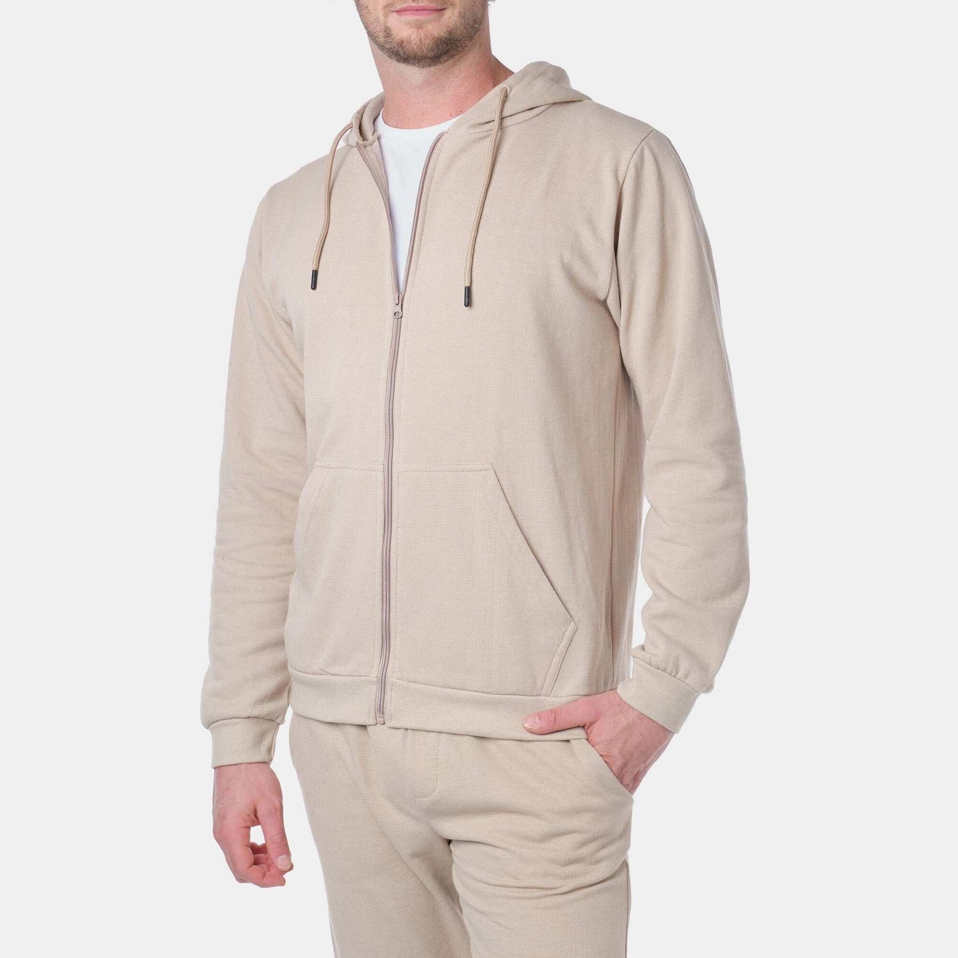Felpa con cappuccio e zip in maglia piqué beige da uomo