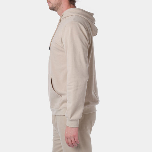 Felpa con cappuccio e zip in maglia piqué beige da uomo