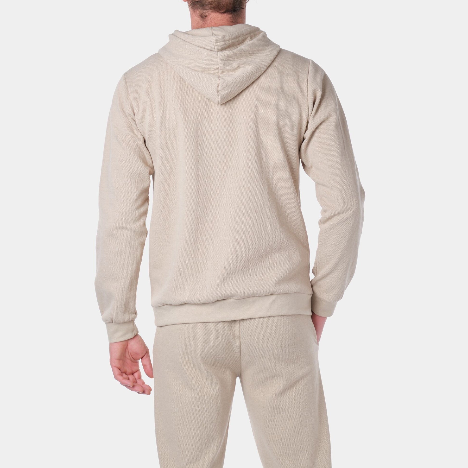 Felpa con cappuccio e zip in maglia piqué beige da uomo
