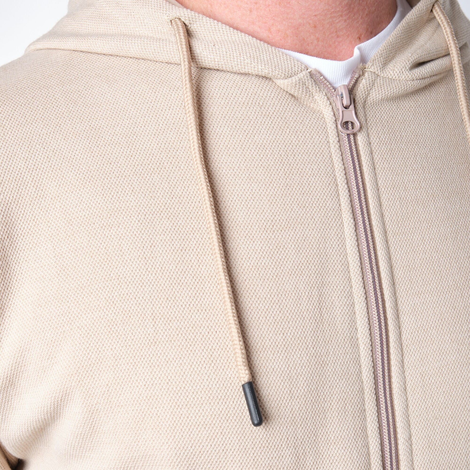 Felpa con cappuccio e zip in maglia piqué beige da uomo