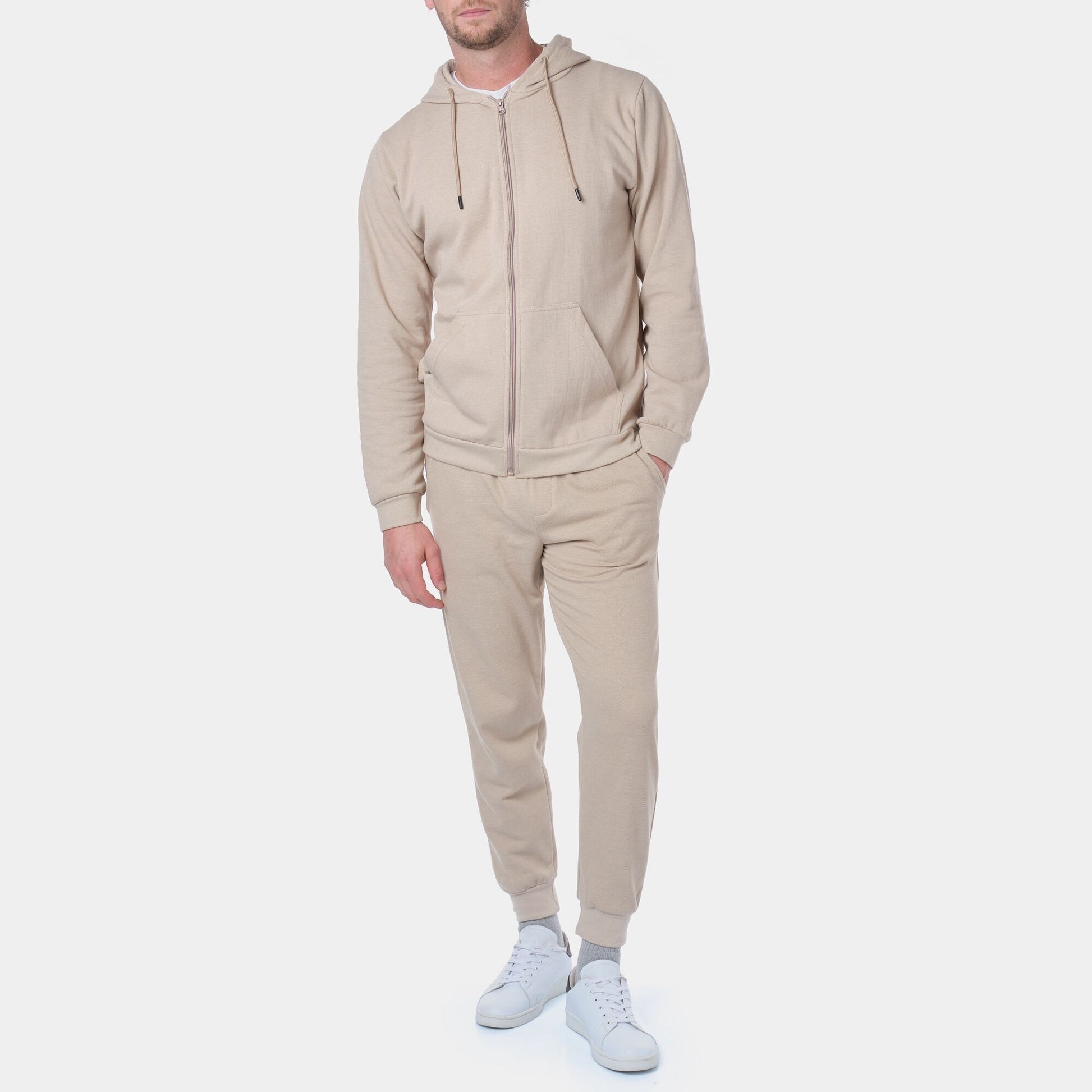 Felpa con cappuccio e zip in maglia piqué beige da uomo