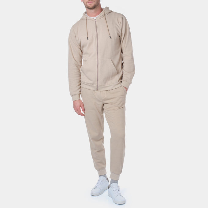 Felpa con cappuccio e zip in maglia piqué beige da uomo