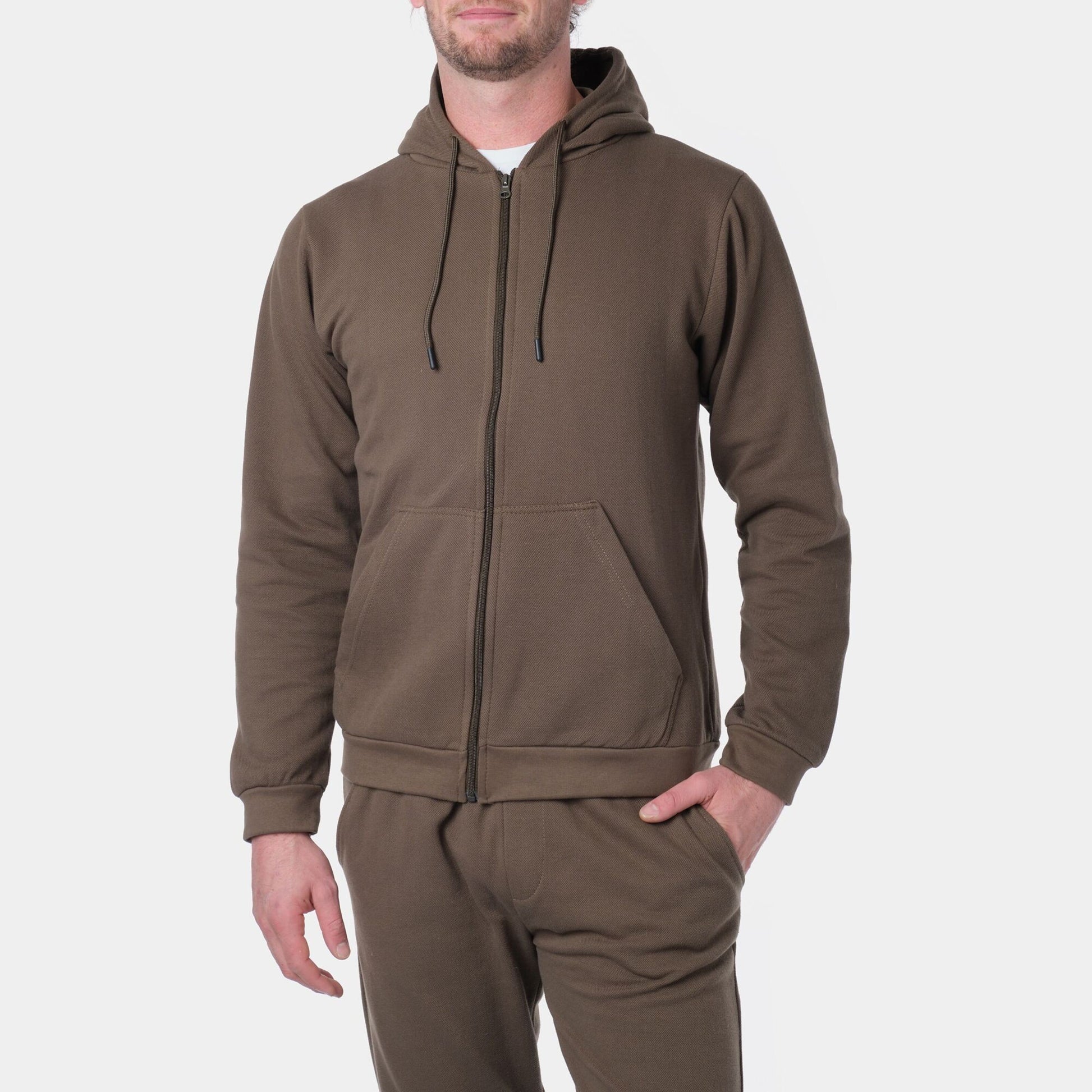 Felpa con cappuccio e zip in piqué kaki da uomo