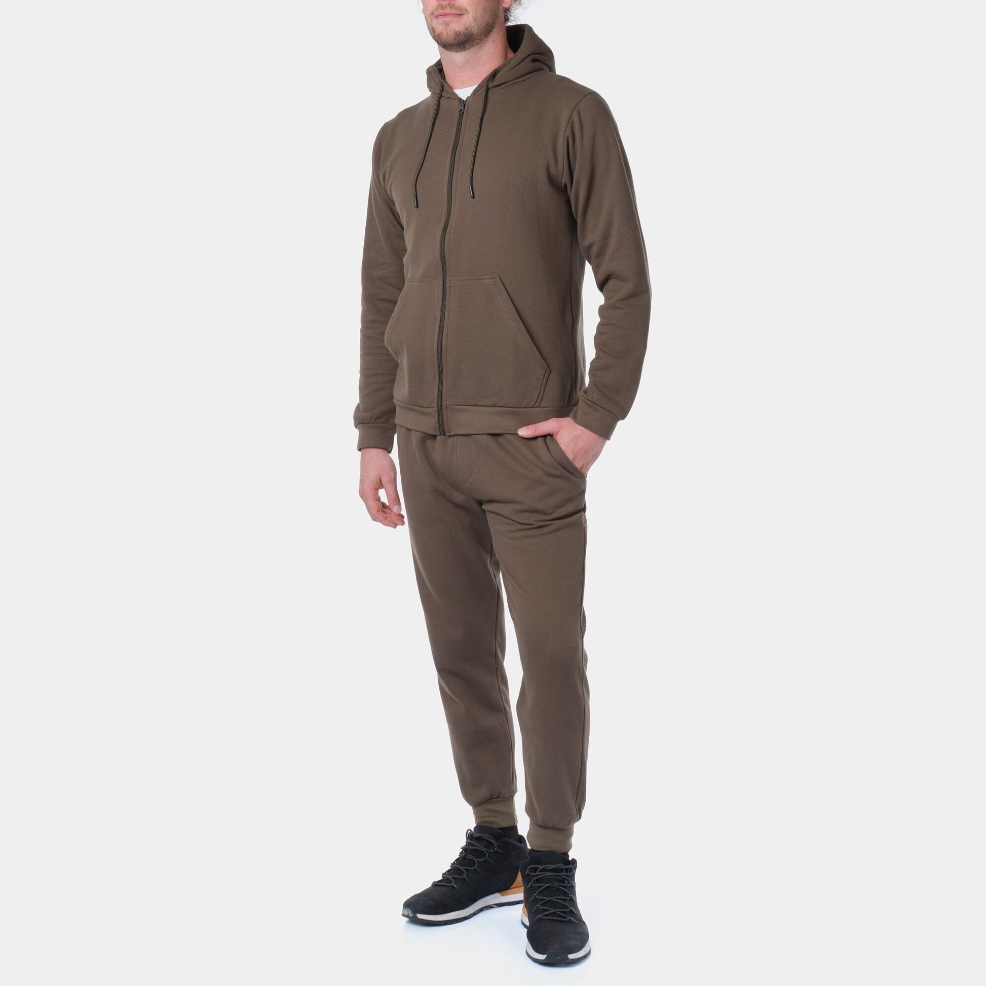 Felpa con cappuccio e zip in piqué kaki da uomo