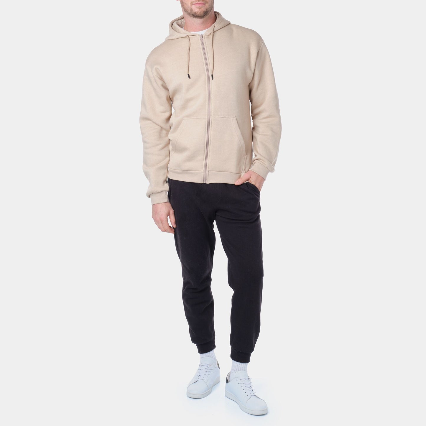 Felpa con cappuccio beige in cotone con zip