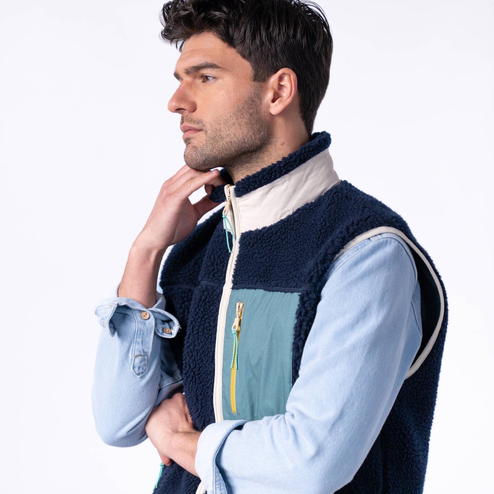 Gilet sherpa unisex con zip bicolor blu navy e verde