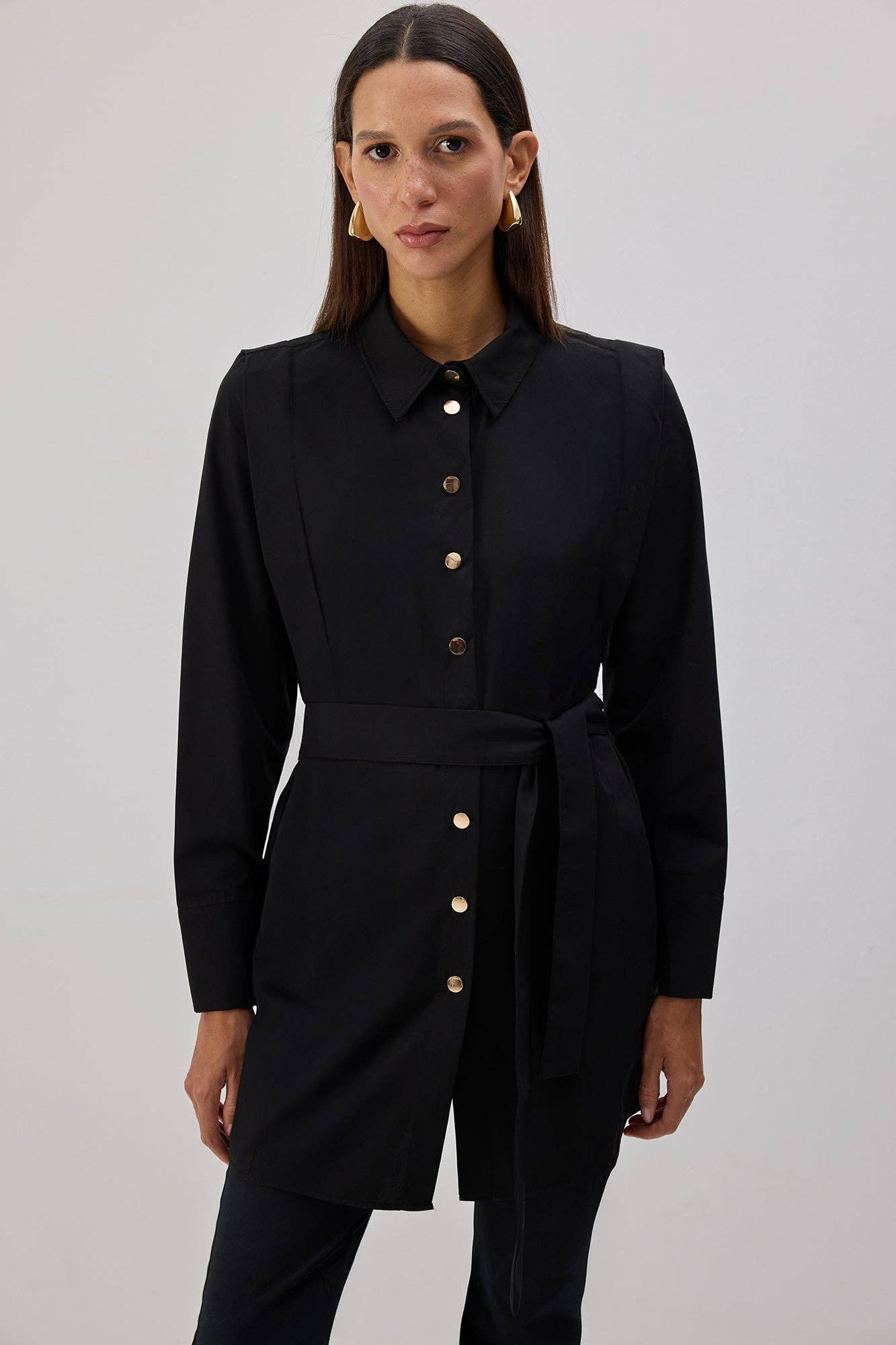 Camicia lunga in popeline con cintura