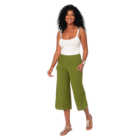 Pantaloni culotte estivi in cotone e lino verdi
