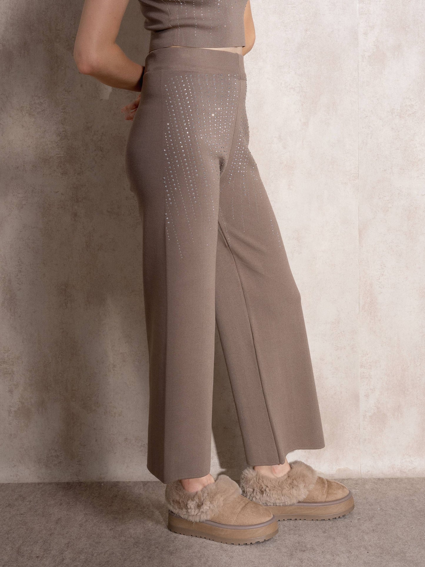 Pantaloni a vita alta in maglia con glitter