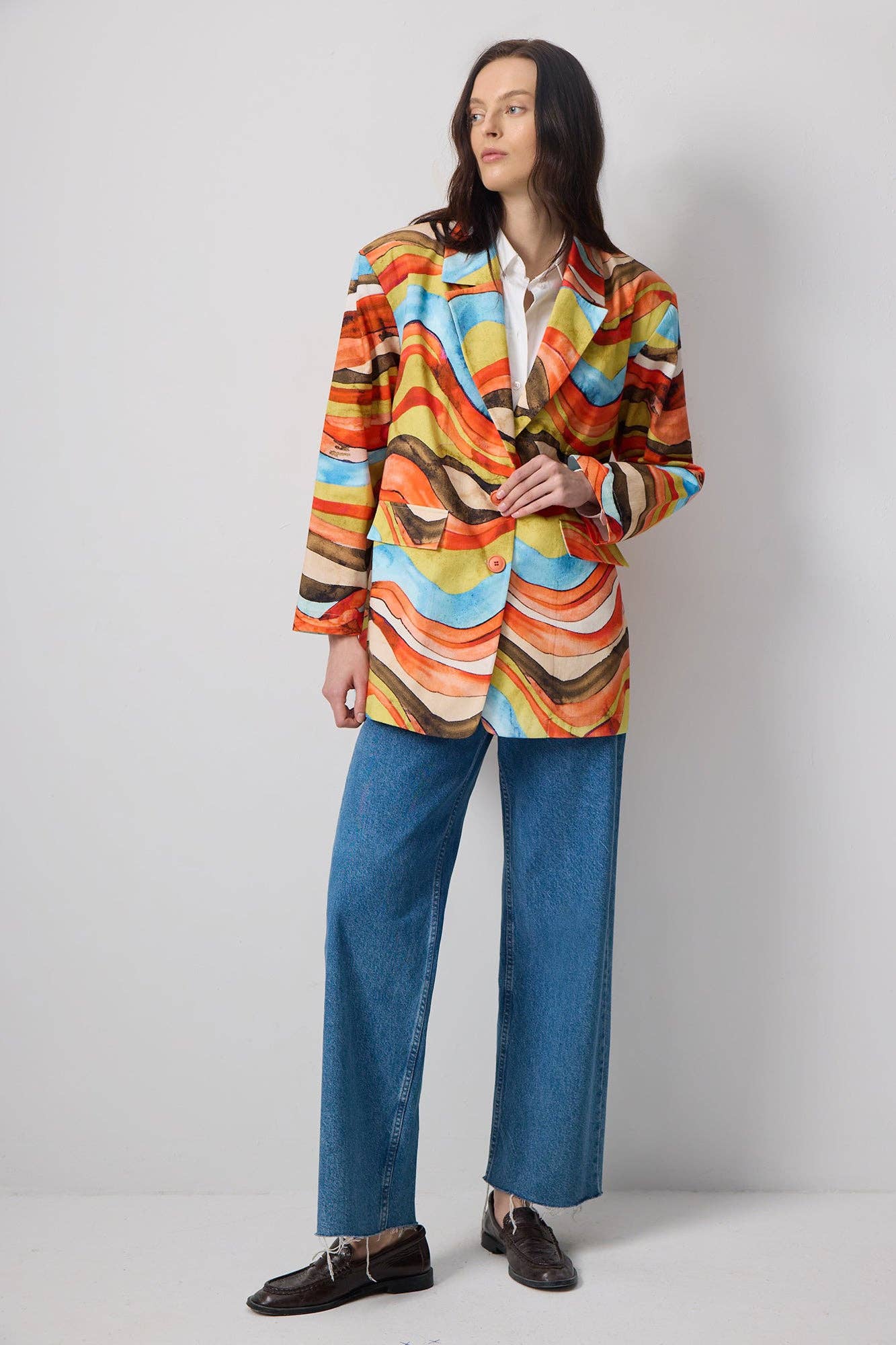 Blazer in cotone con stampa astratta multicolor