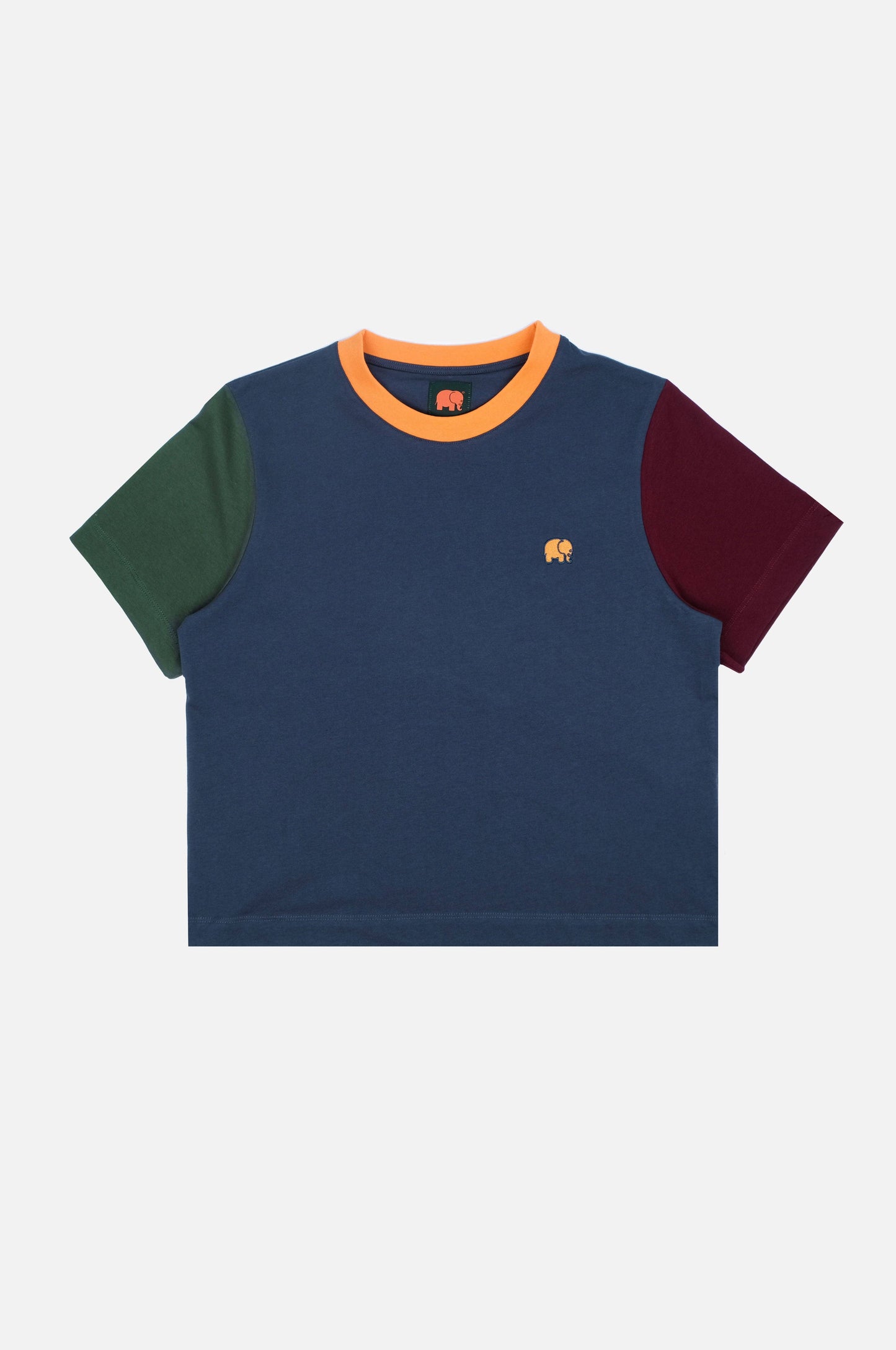 T-shirt donna color block blu con ricamo elefante