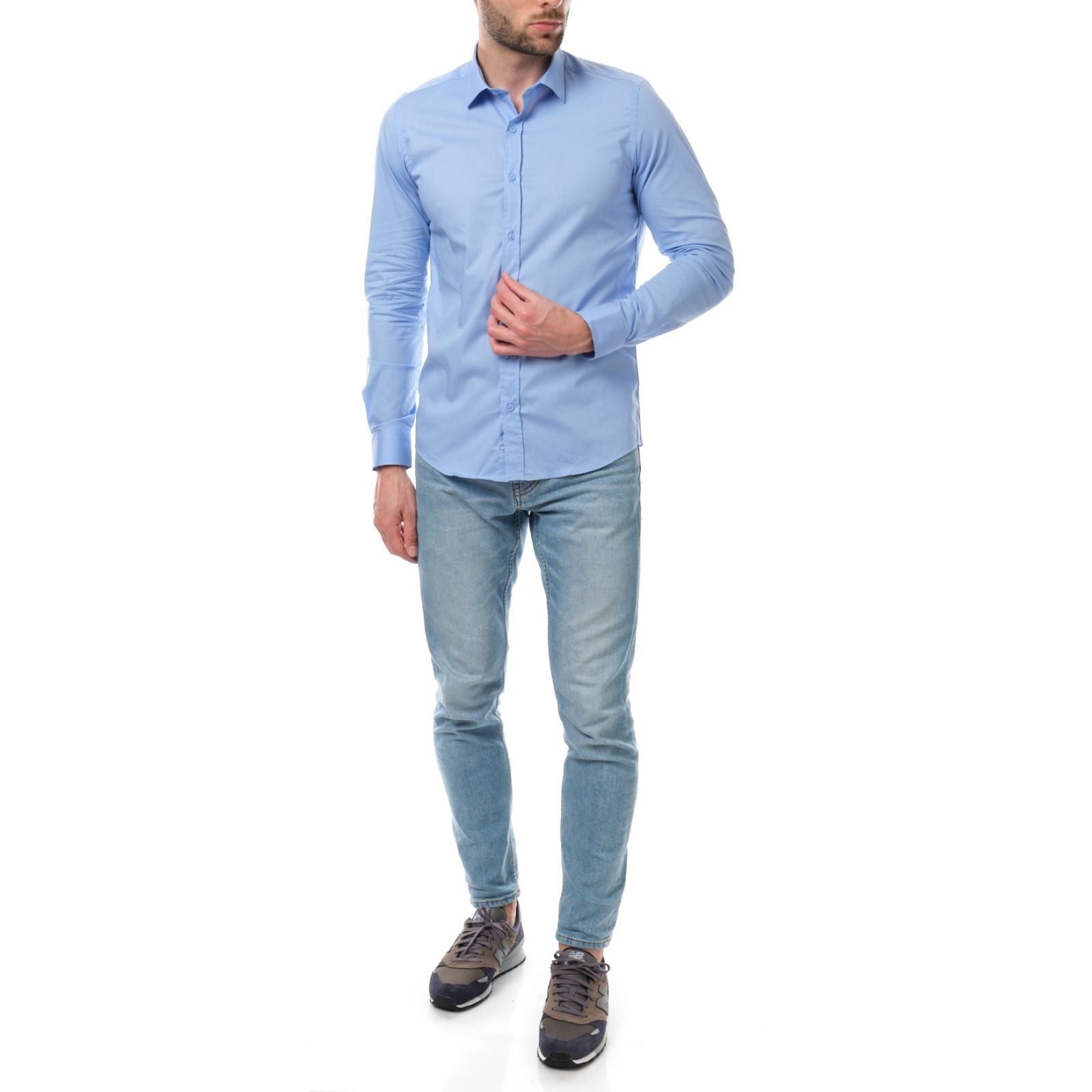 Camicia uomo tinta unita azzurra in cotone elasticizzato