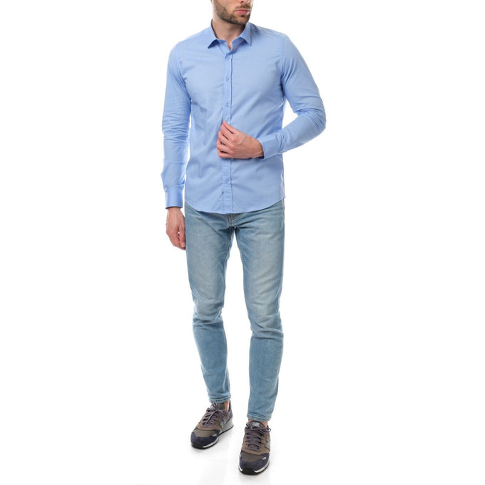 Camicia uomo tinta unita azzurra in cotone elasticizzato