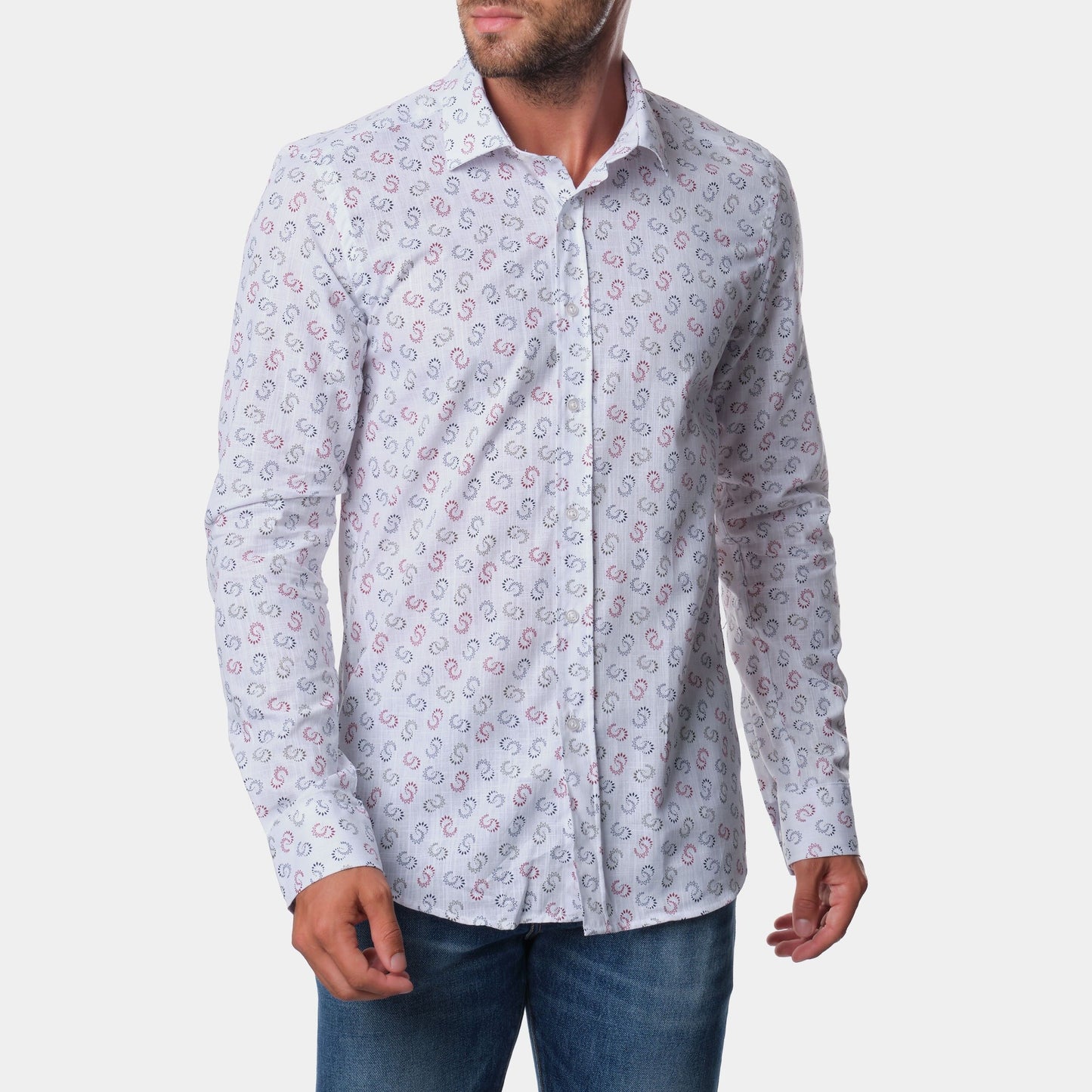 Camicia stampata in cotone con maniche lunghe e colletto francese
