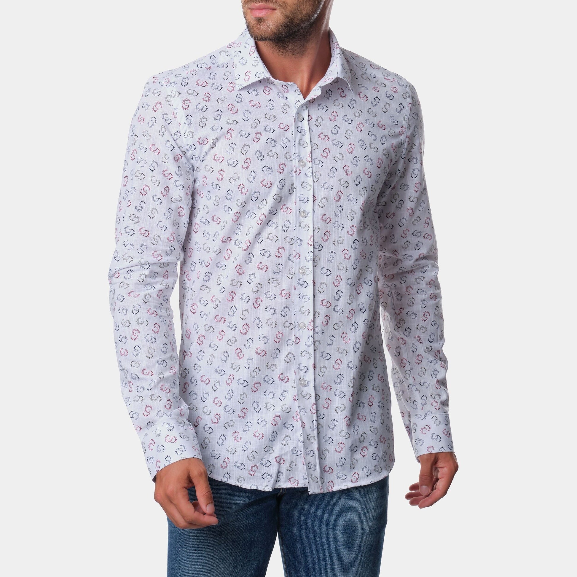 Camicia stampata in cotone con maniche lunghe e colletto francese