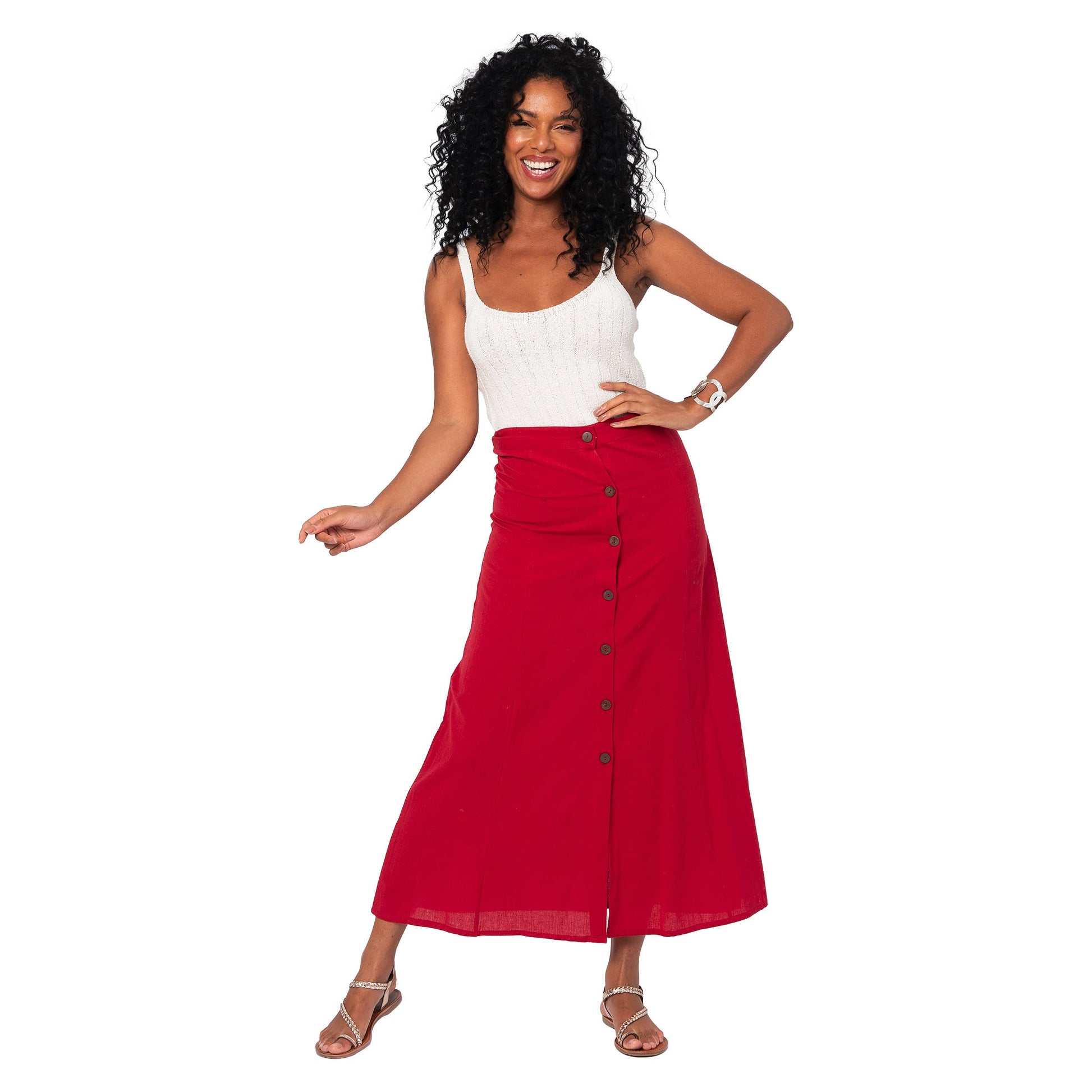 Gonna lunga estiva boho in cotone e lino bordeaux