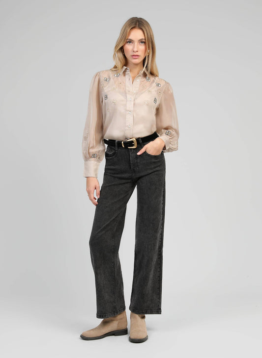 Camicia trasparente Santona color talpa ricamata