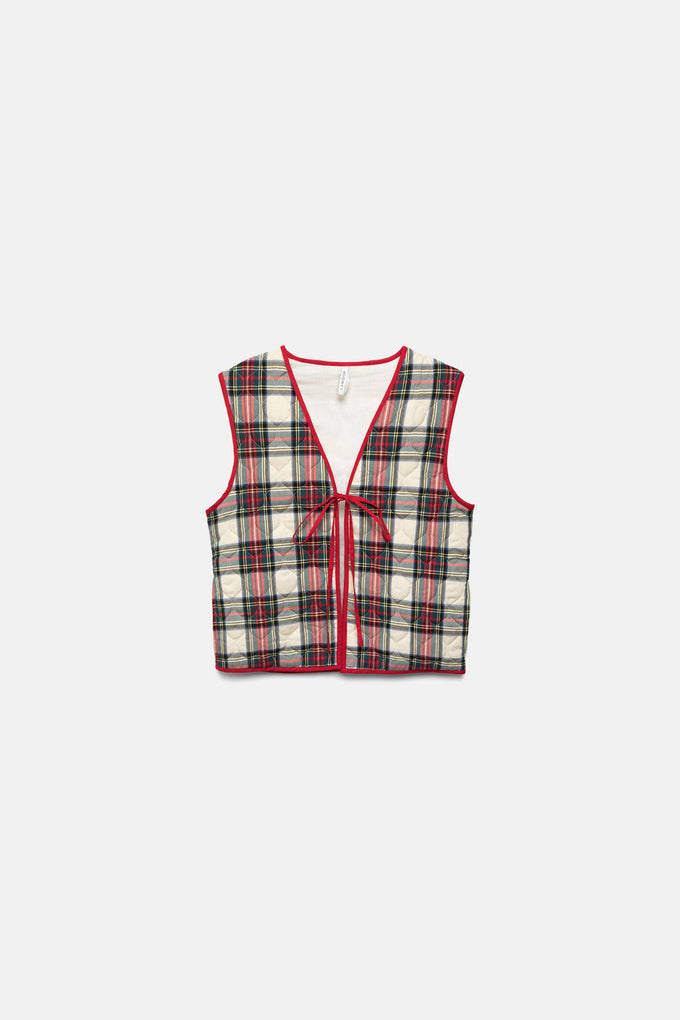 Gilet trapuntato tartan con scollo a V e laccio frontale