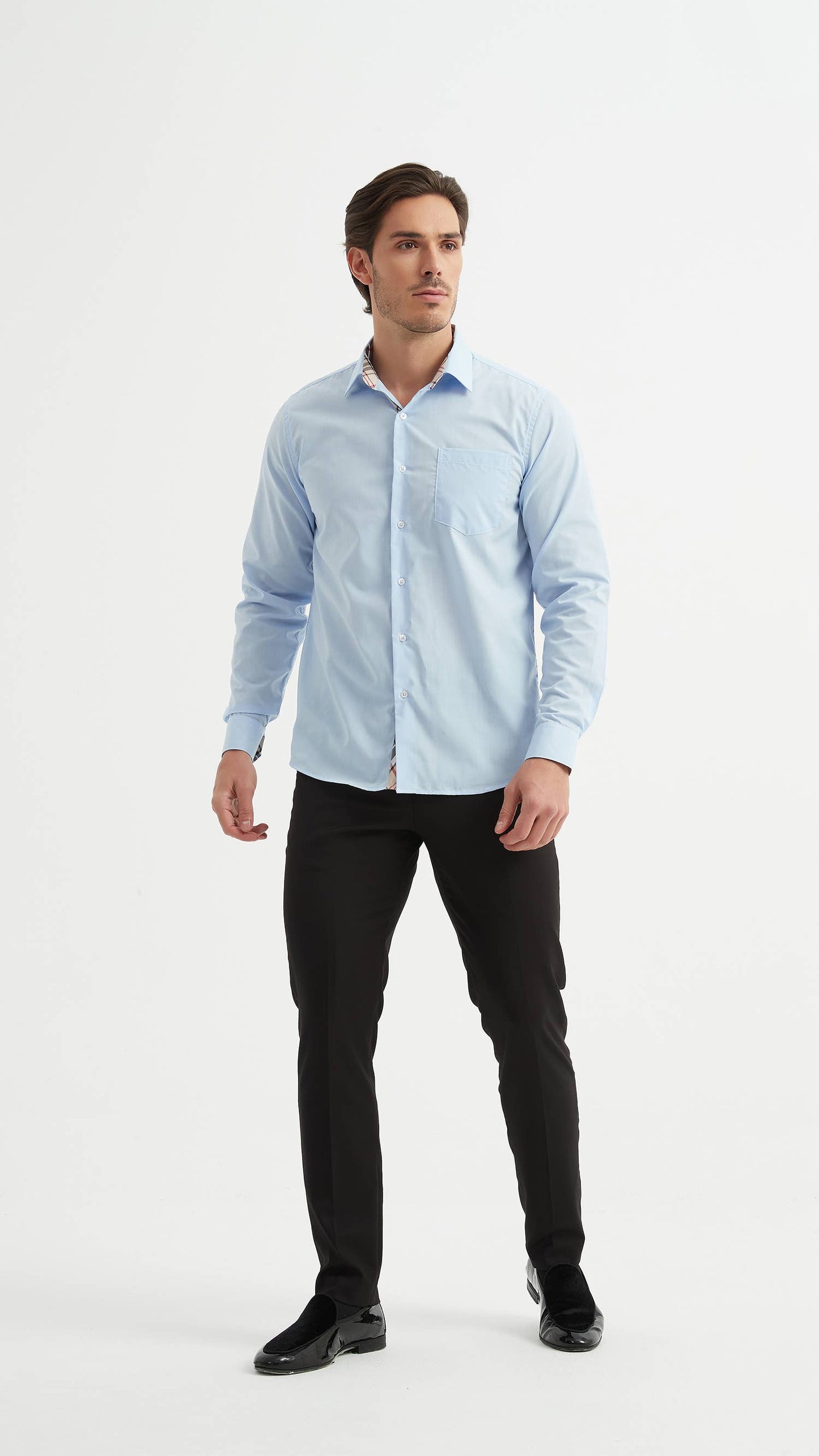 Camicia azzurra comfort a quadri tartan easy iron