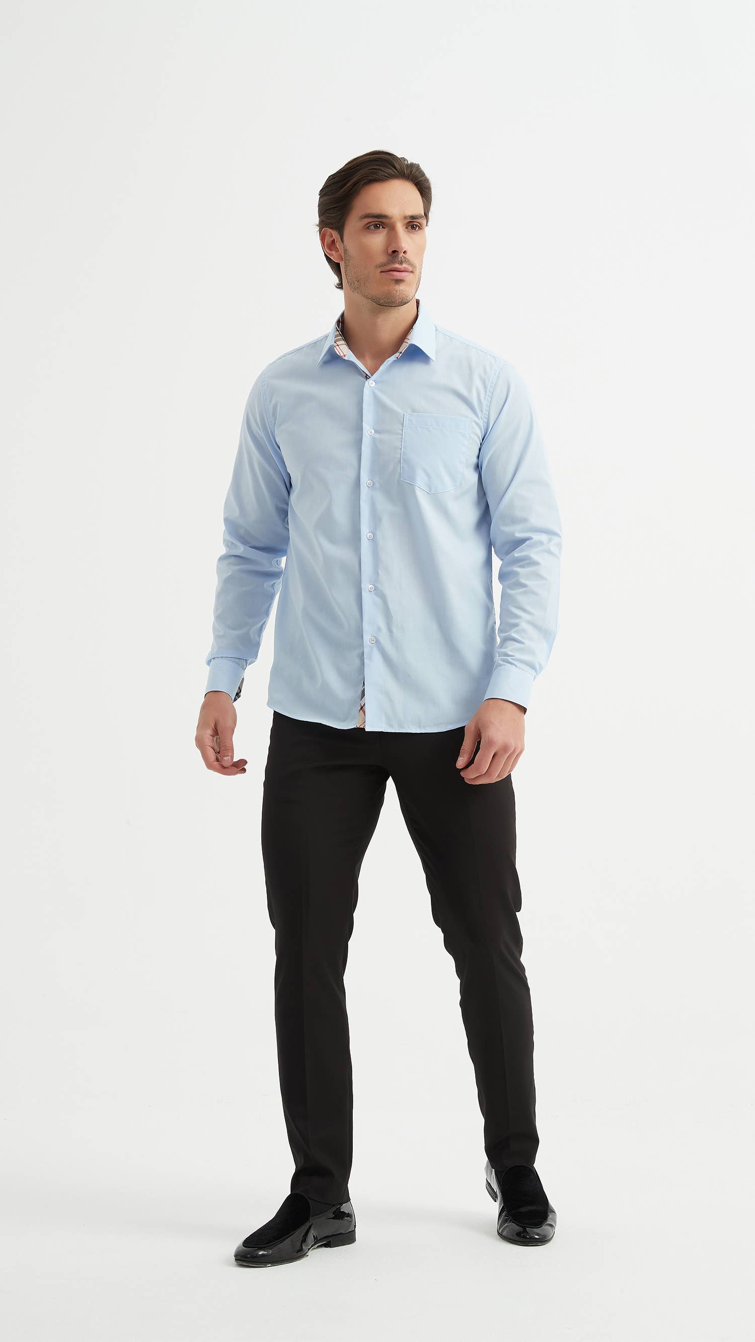 Camicia azzurra comfort a quadri tartan easy iron