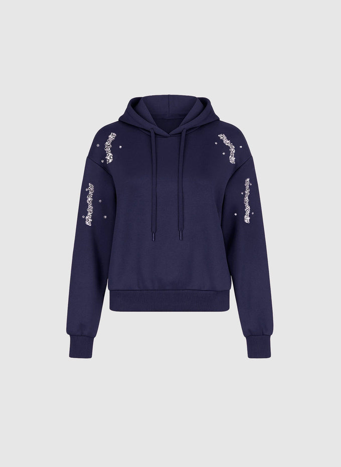 Felpa con cappuccio blu navy con strass