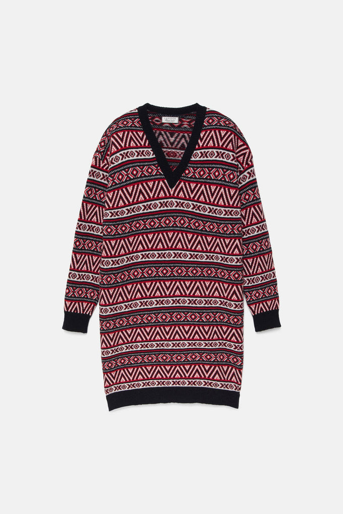 Abito in maglia jacquard con scollo a V