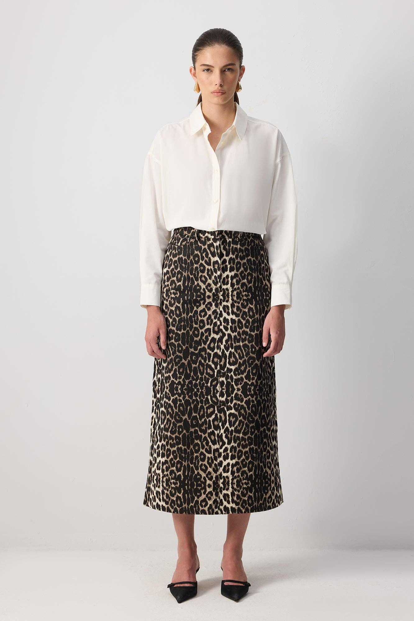 Gonna midi in gabardine con stampa leopardata