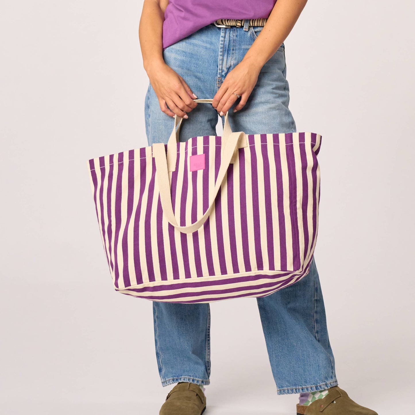 Borsa shopper in cotone biologico a righe viola ed écru