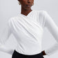 Body drappeggiato elasticizzato ecru a maniche lunghe con scollo a incrocio