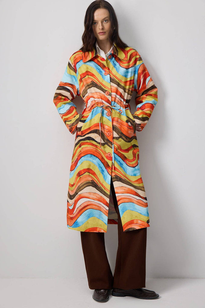 Trench coat in cotone con cintura e stampa astratta Colorwave