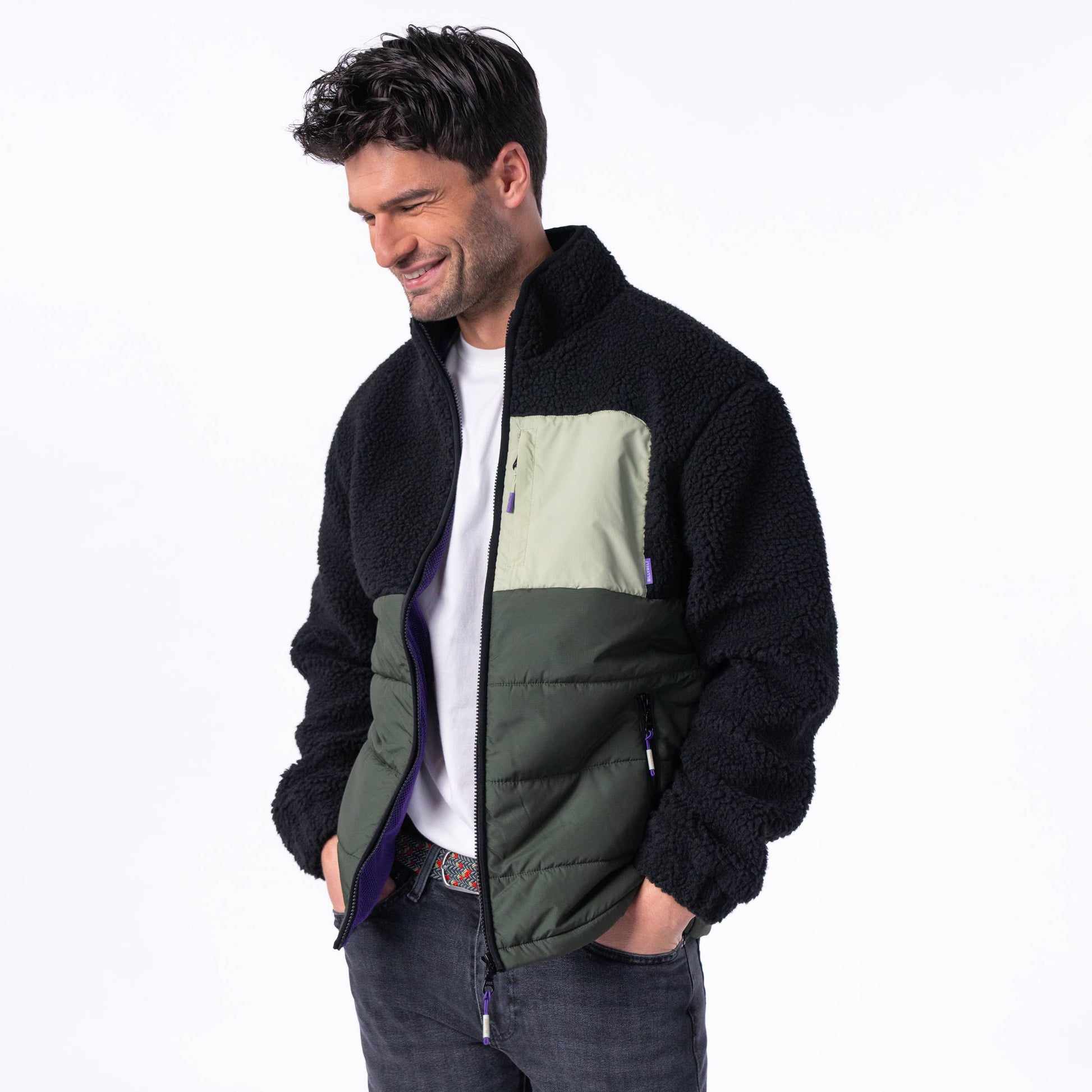 Giacca sherpa bicolore nera e verde