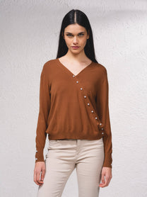 Maglione cache-cœur in maglia fine con perle