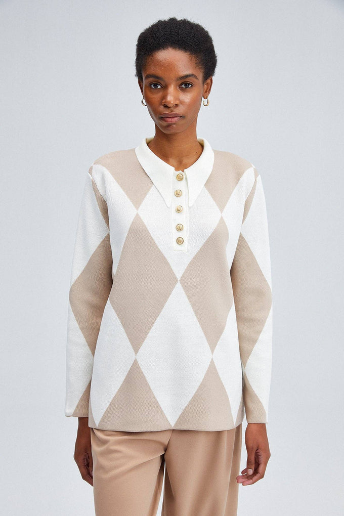 Tunica in maglia con colletto polo a rombi