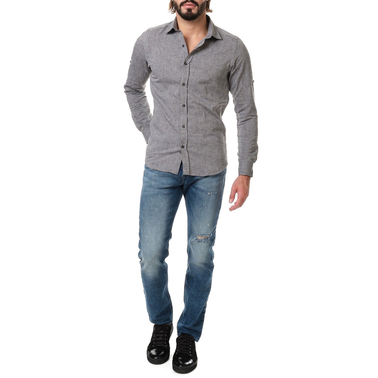 Camicia uomo in lino e cotone color antracite