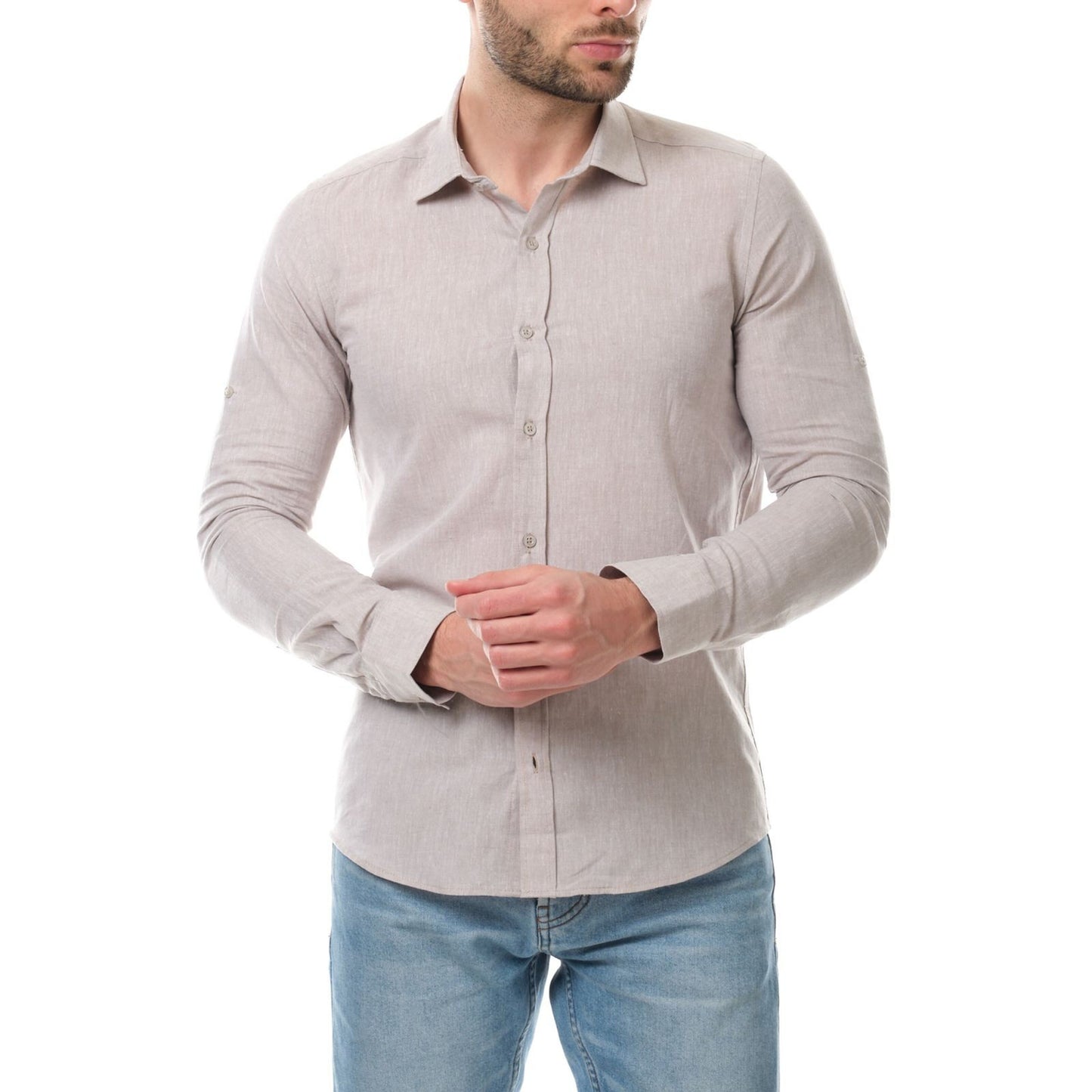 Camicia uomo Raphael in lino e cotone marrone tinta unita