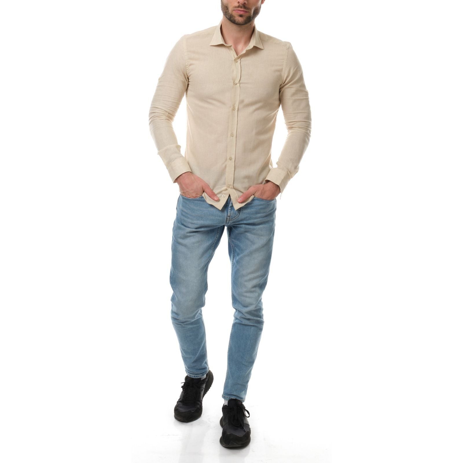 Camicia uomo in cotone e lino tinta unita colore naturale