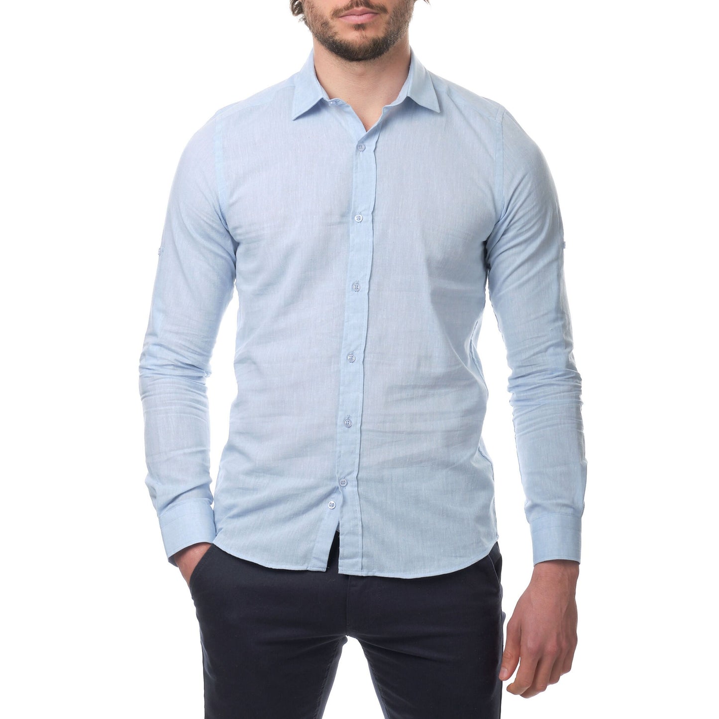 Camicia uomo in cotone e lino azzurra