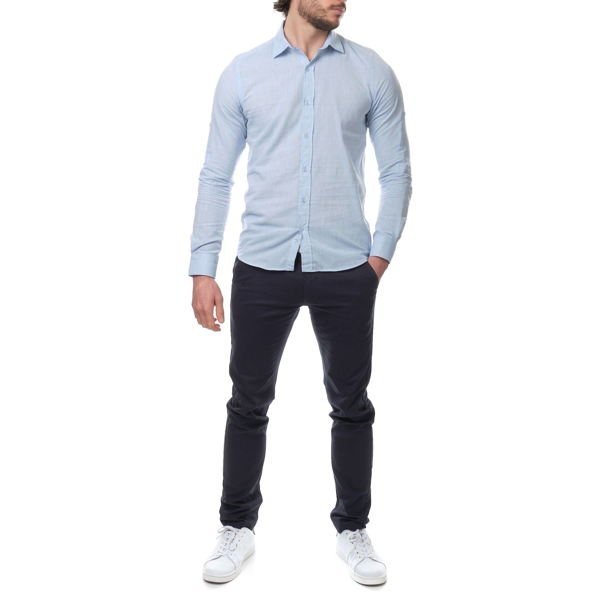 Camicia uomo in cotone e lino azzurra