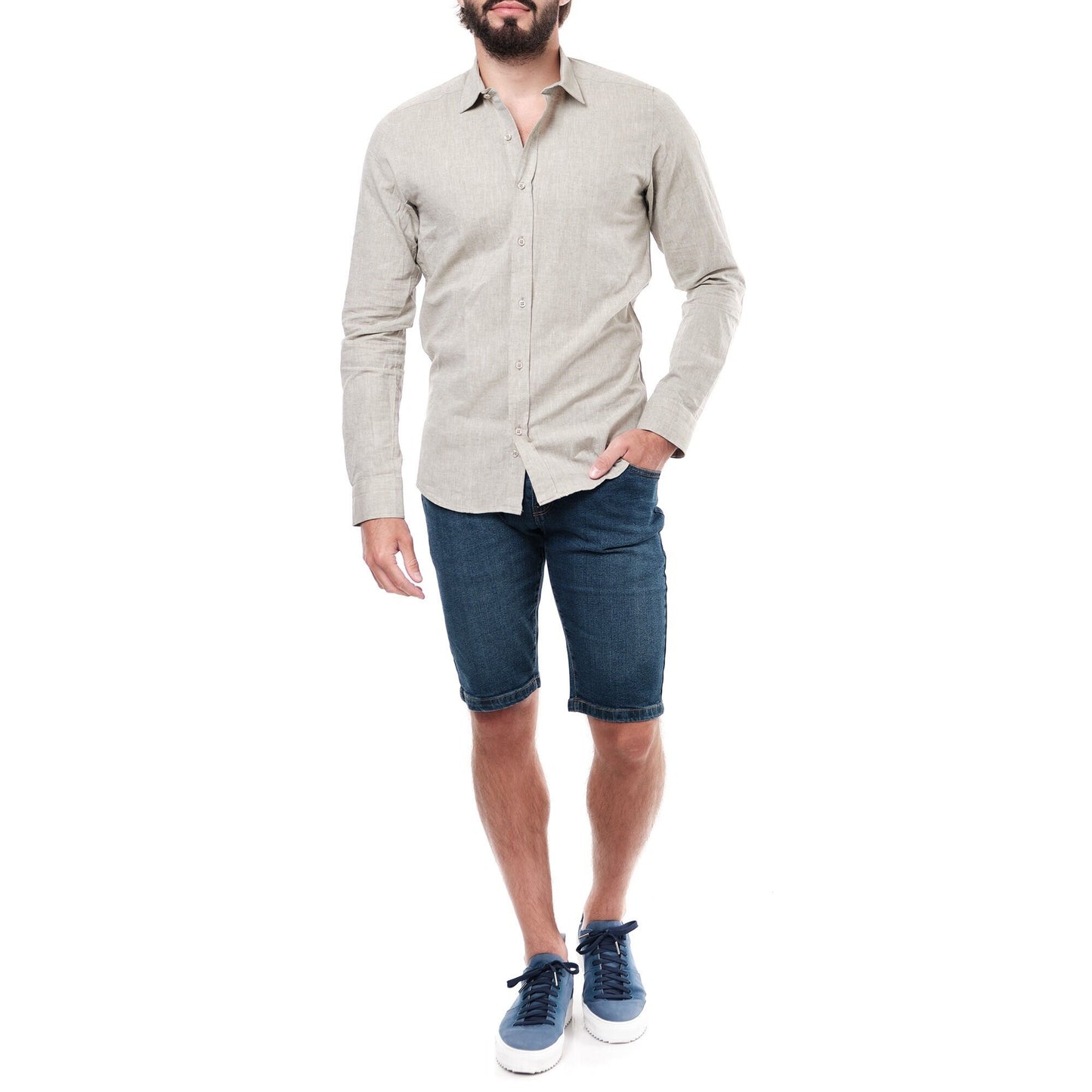 Camicia uomo Raphael in cotone e lino color cachi