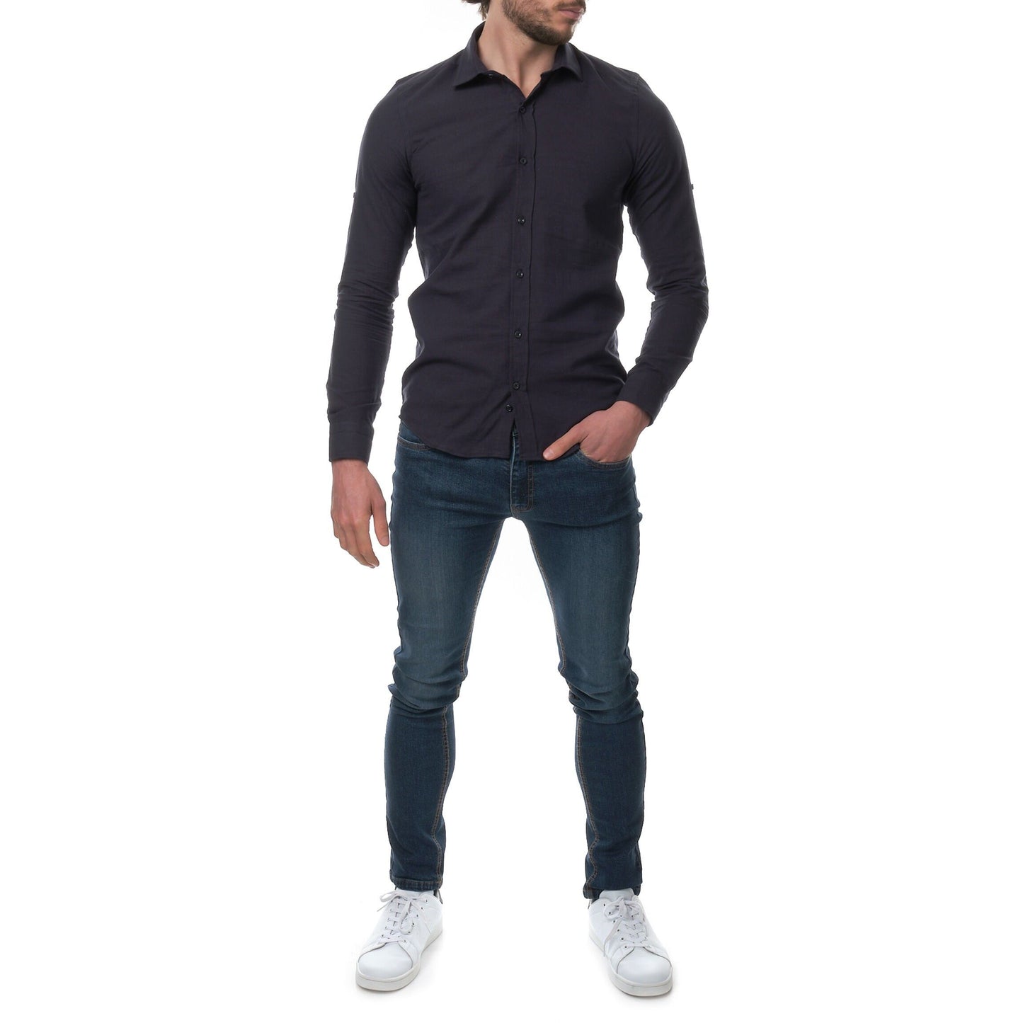 Camicia Raphael in lino e cotone blu navy da uomo