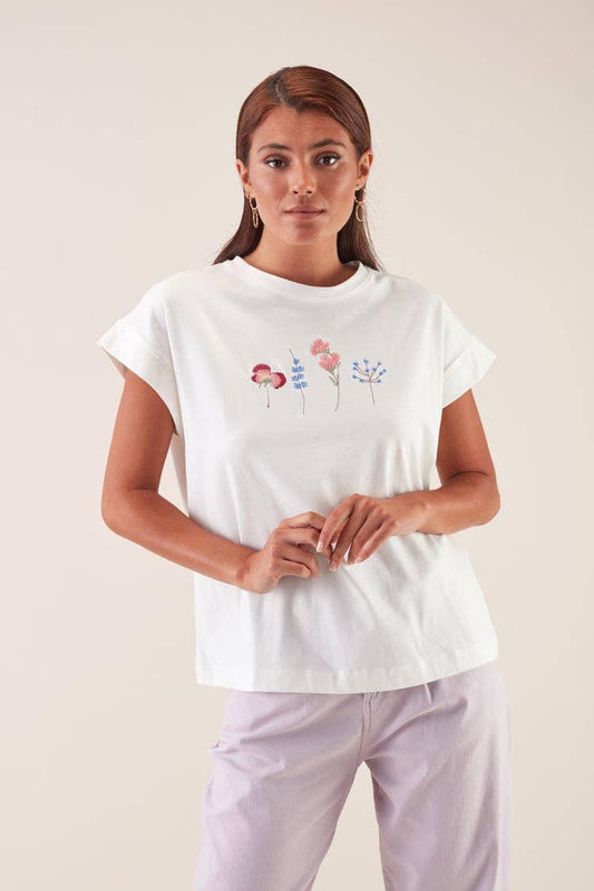 T-shirt bianca ricamata con fiori
