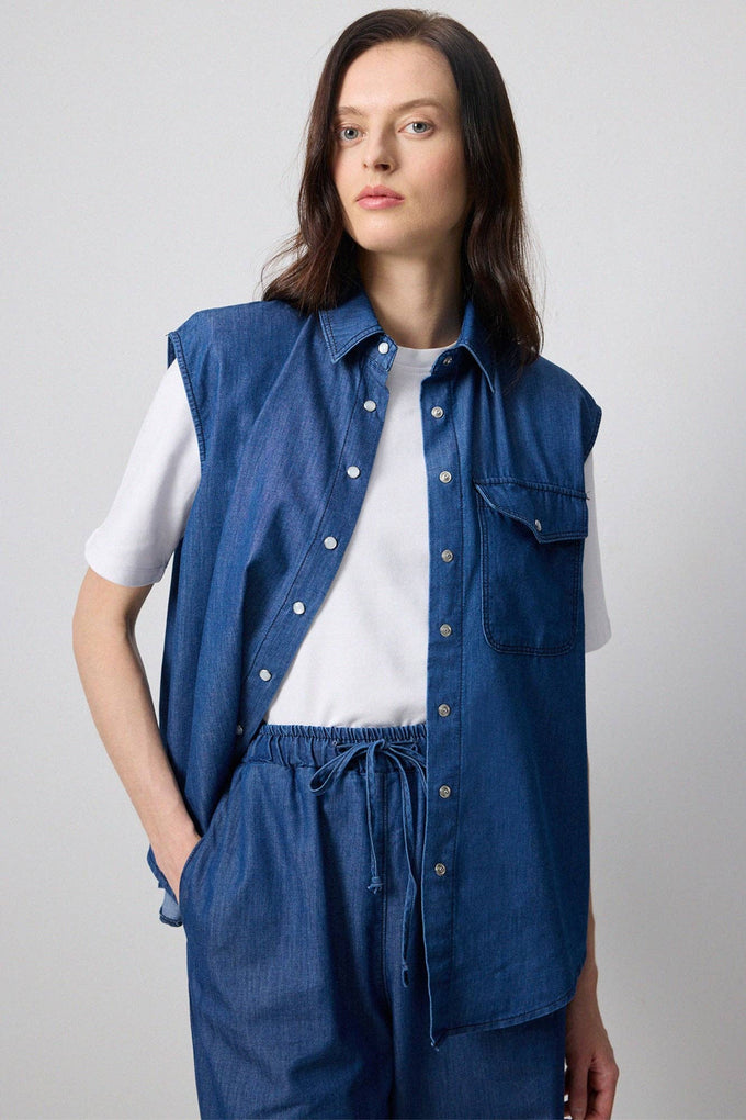 Gilet denim senza maniche oversize con bottoni