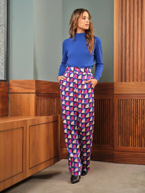 Pantaloni lunghi a vita alta con stampa geometrica