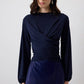 Abito lungo blu navy drappeggiato con maniche a palloncino