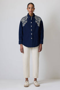 Camicia in denim blu scuro ricamata stile western