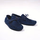 Mocassini in suede blu con fiocco e laccio laterale