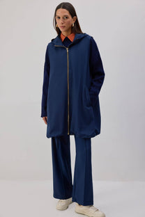 Gilet lungo con zip e cappuccio blu navy