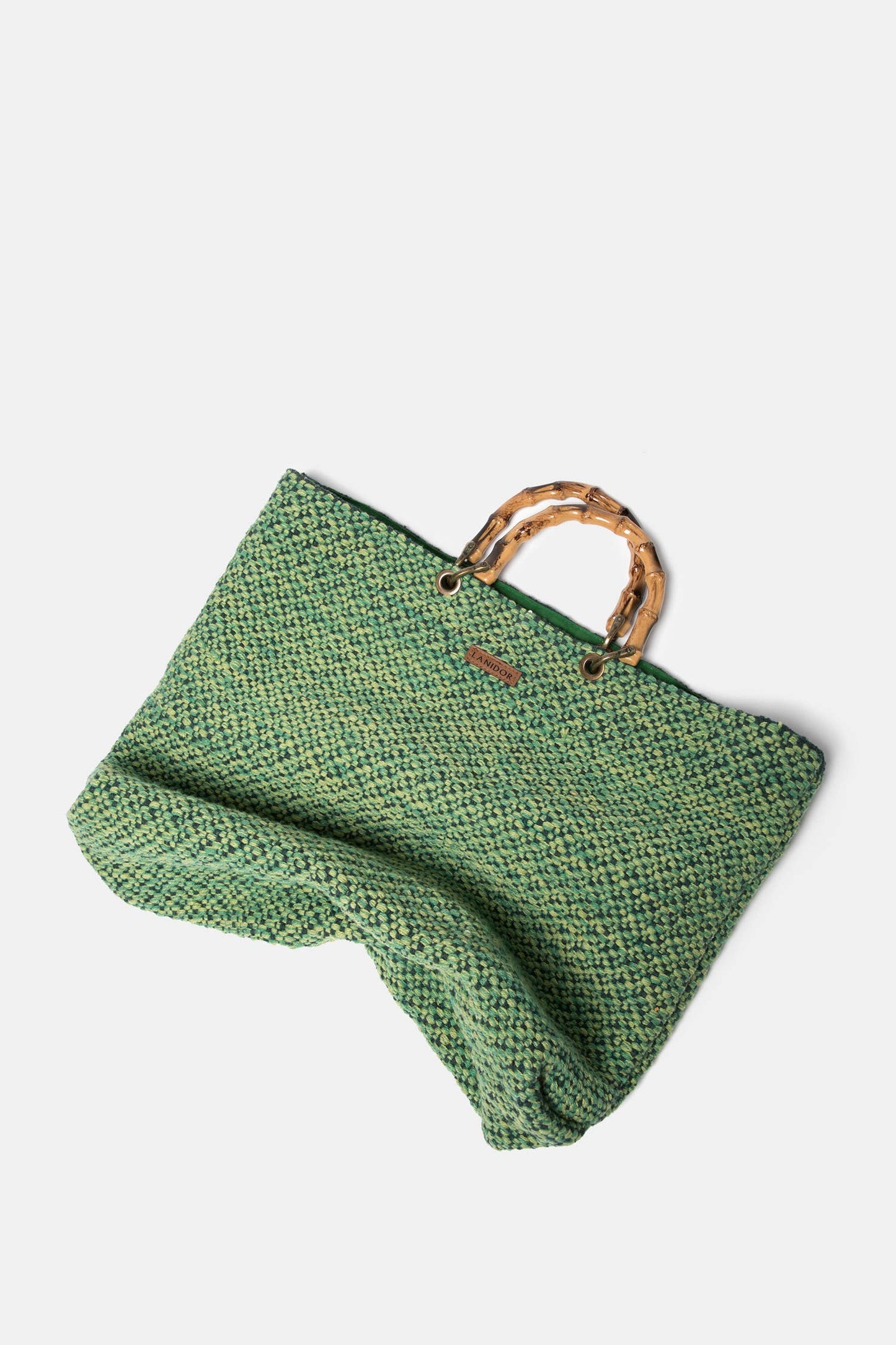 Borsa shopper intrecciata rustica con manici effetto bambù