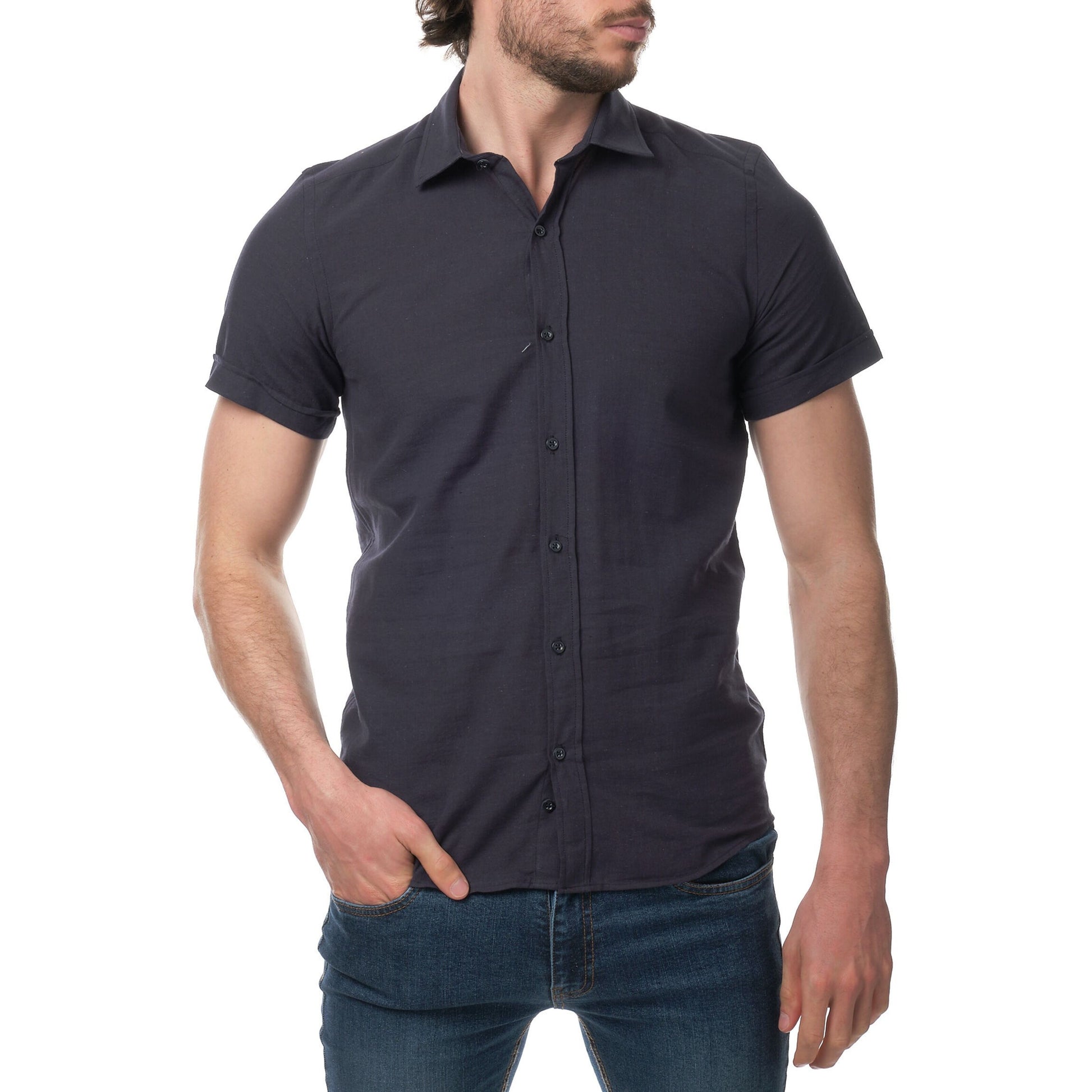 Camicia uomo in cotone e lino tinta unita blu navy scuro