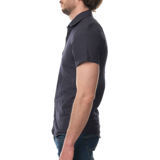 Camicia uomo in cotone e lino tinta unita blu navy scuro